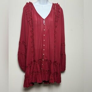 Free People Burgundy Women’s Button Up Bell Sleeve Textured Dress Size S